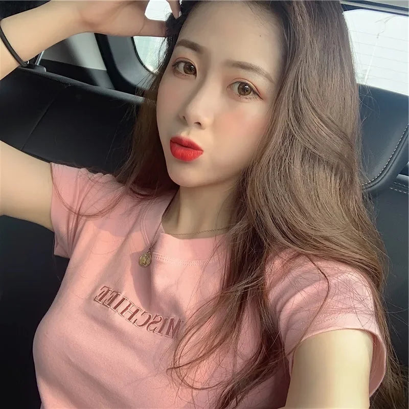 Fashionable Letter Embroidery Short Sleeve T-Shirt Women's Loose-Fit Summer New Style Slimming Base Layer Korean Version