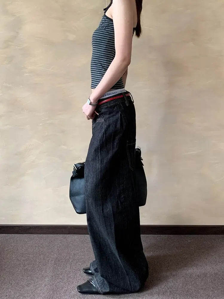 American Retro Primary Color Scimitar Jeans Women's Summer New High Street Design Loose and Thin Wide Leg Floor Pants