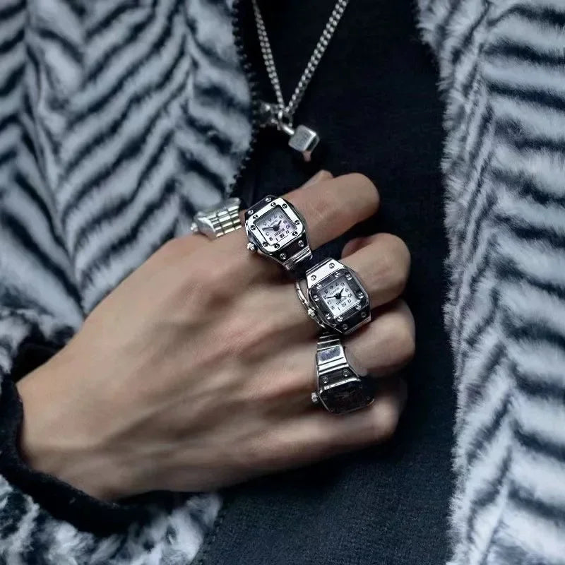 Colorful Watch Ring Women Men Retro Sliver Pointer Quartz Clock Finger Rings Punk Alloy Strap Watches Jewelry Accessories