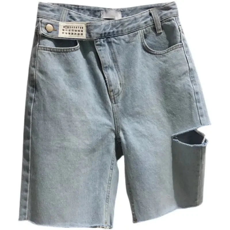 High Waist Skinny Jeans Shorts Women's Five-Quarter Thin New Style Hot Sale Of The Season Hole Design Straight Leg plus Size Hot