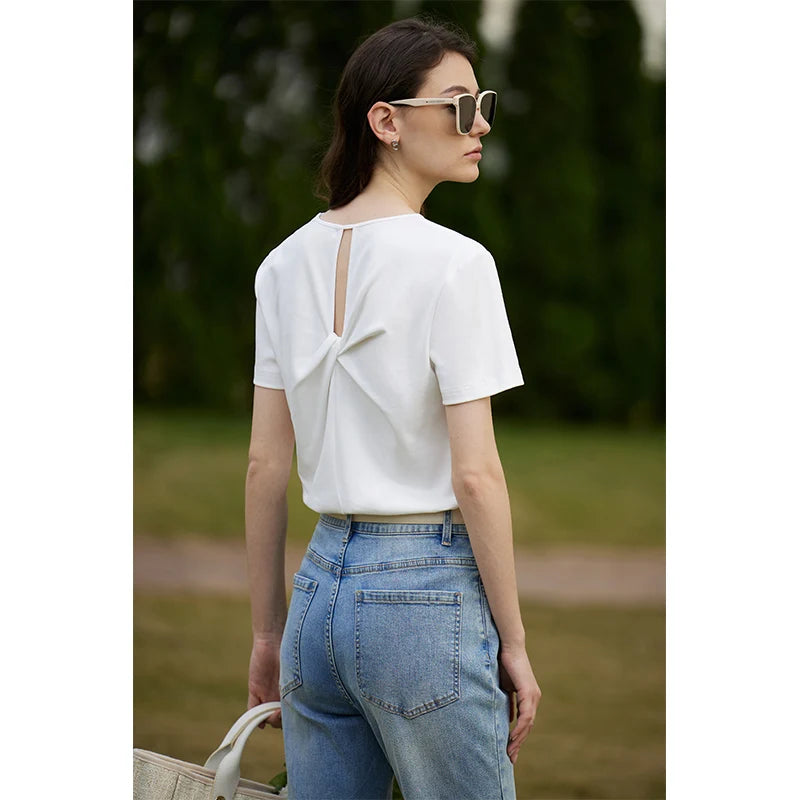 AMII Minimalism 100% Cotton Hollow Out Solid Short Sleeves Tees 2025 Spring New V Neck Top Women Casual Female T Shirt 12342289