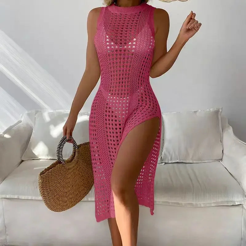 Women's holiday sexy cutout crochet cover swimsuit sleeveless bikini dress smock high slit beach knit solid swimsuit