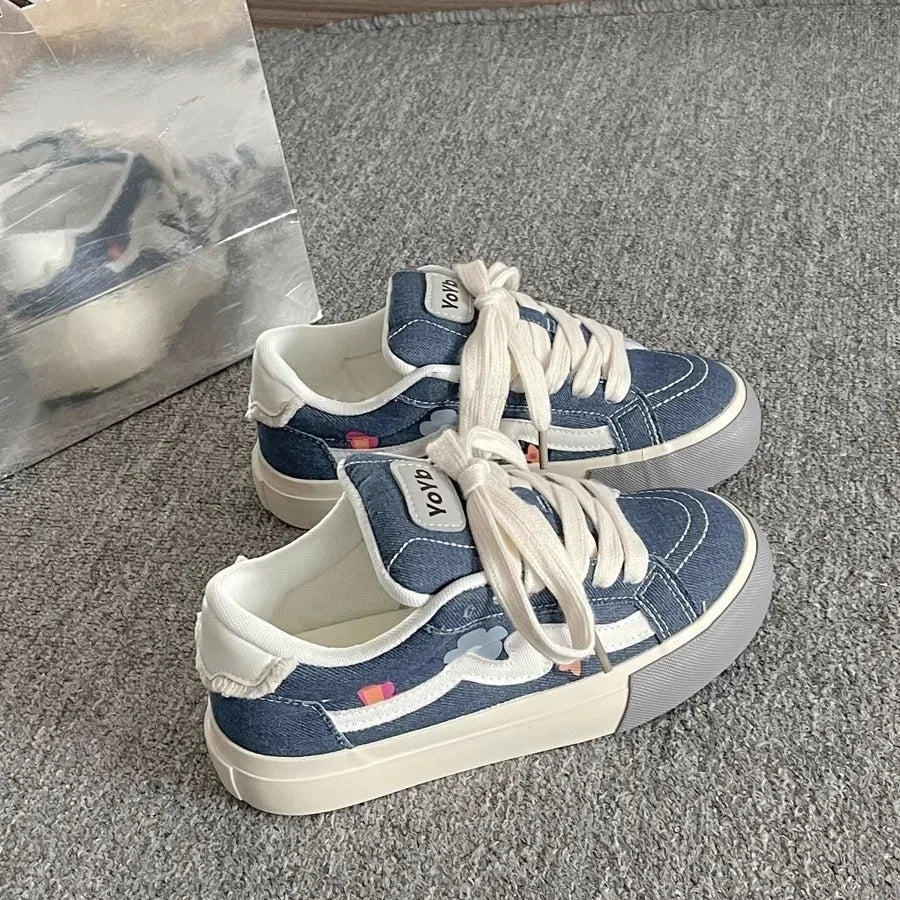 Korean Style Thick Bottom Canvas Shoes Women's Low Top Casual Student Sneakers Flat Heel Cotton Lined Adult Pure Color