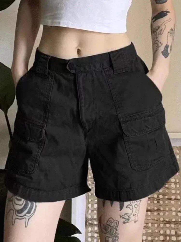 Y2k Vintage Streetwear Cargo Denim Shorts Women American Retro Harajuku Solid Loose Jeans Casual Pocket 2024 Summer Chic