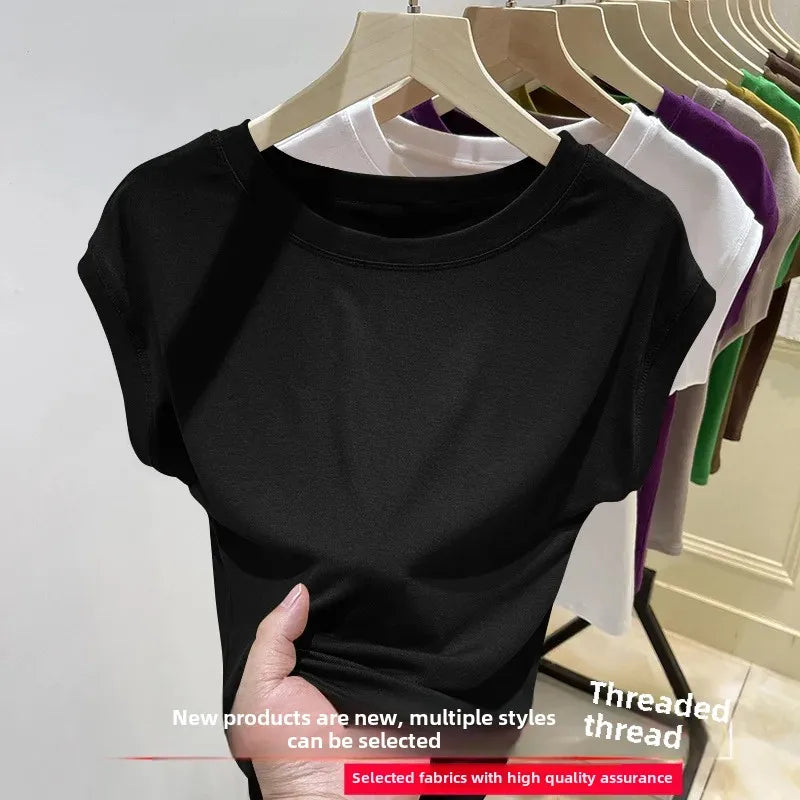 Short Sleeve Ice Silk T-Shirt Women's Loose Fashionable Youthful Small Flying Sleeve Top Knitted Crew Neck Other Pattern Types