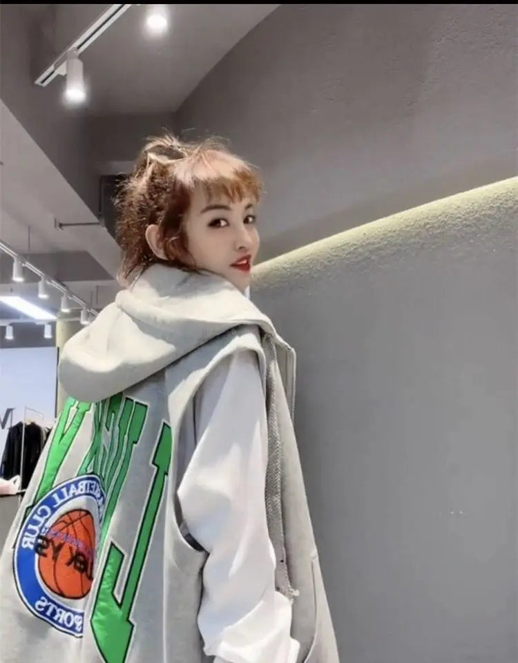 Oversized Hooded Sweatshirt Vest Female Hip Hop Streetwear Sleeveless Jacket 2023 New Cardigan Outerwear Korean Fashion Casual