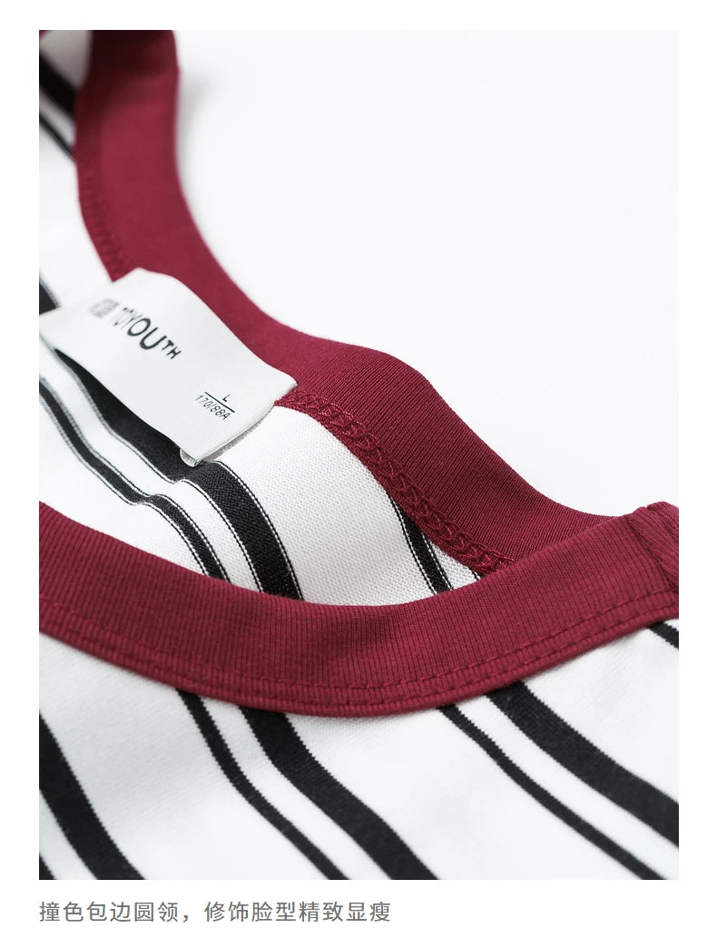 TOYOUTH Women Striped Short Sleeved T-shirt 2024 Summer New Academy Style Round Neck Top