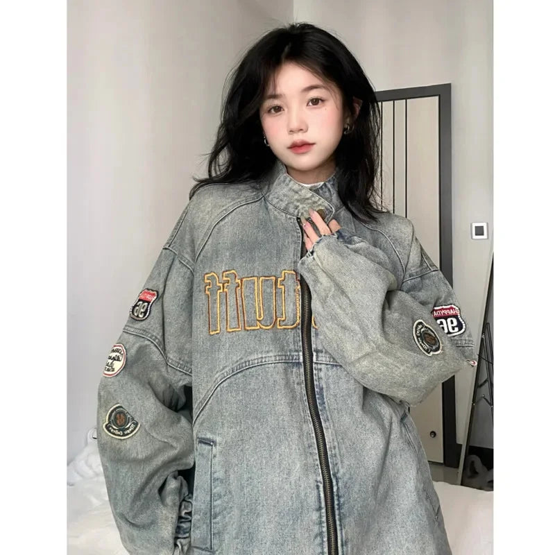 Unisex Embroidered Design Vintage Denim Jacket High Street Loose Coats Hip Hop Stand Collar Baseball Jacket for Women