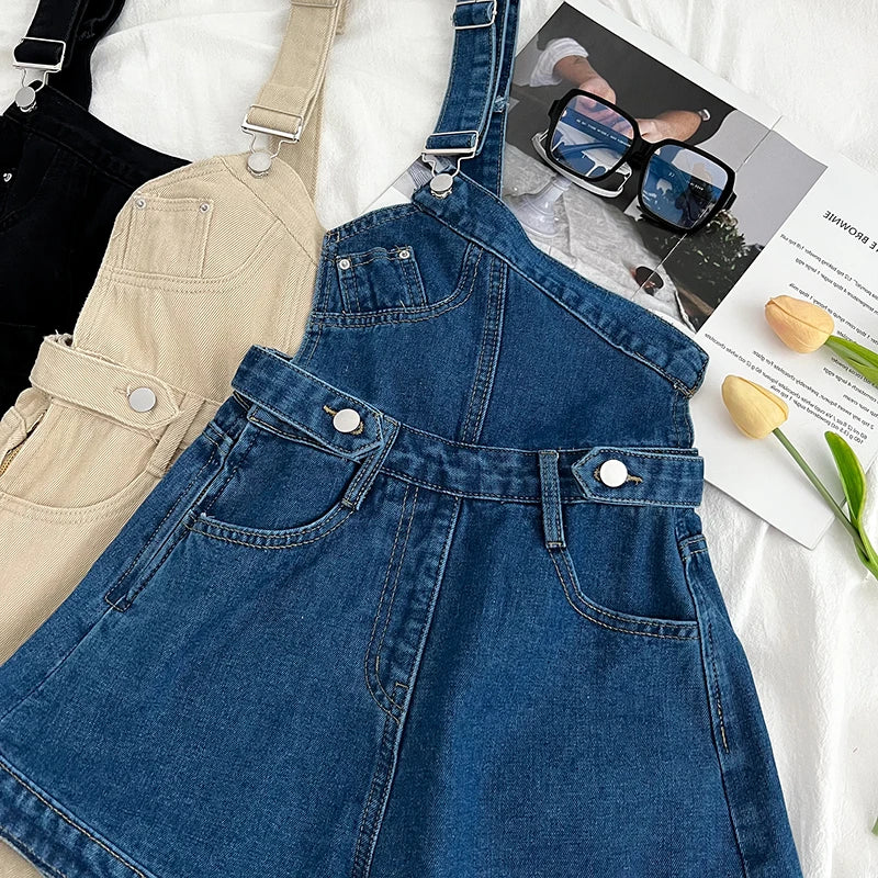 Casual Denim Jumpsuits Women Spring Summe Retro Short  Fashion  One-shoulder Wide Leg Pants 2024 New Cool Girls Streetwear