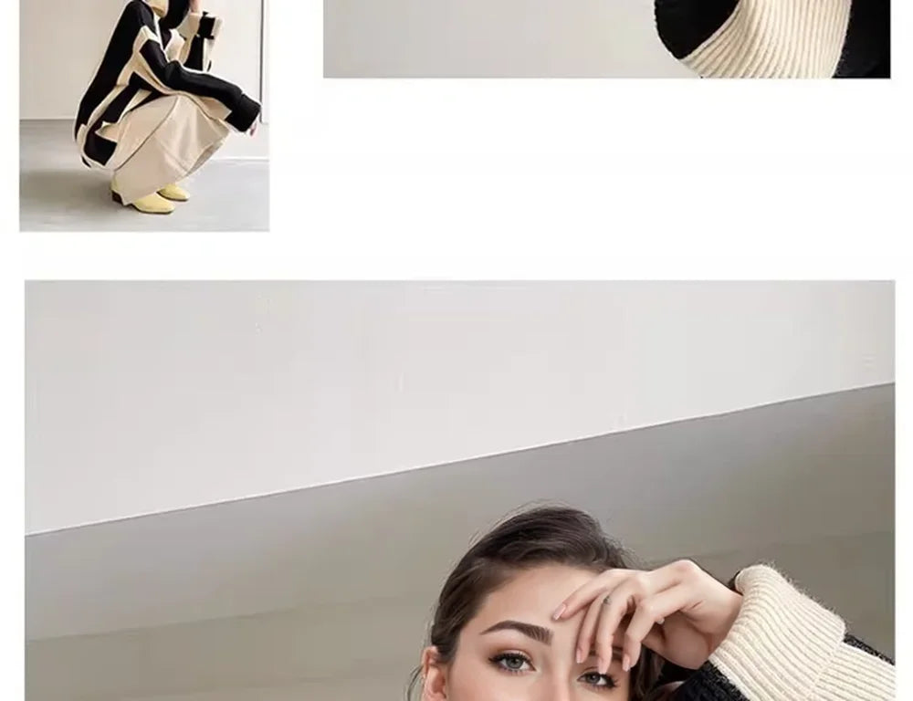 High-crowned Lazy Style Black White Stripe Wool Coat Women Autumn Winter Outdoor Warm Soft Cover Knitted Top Thick