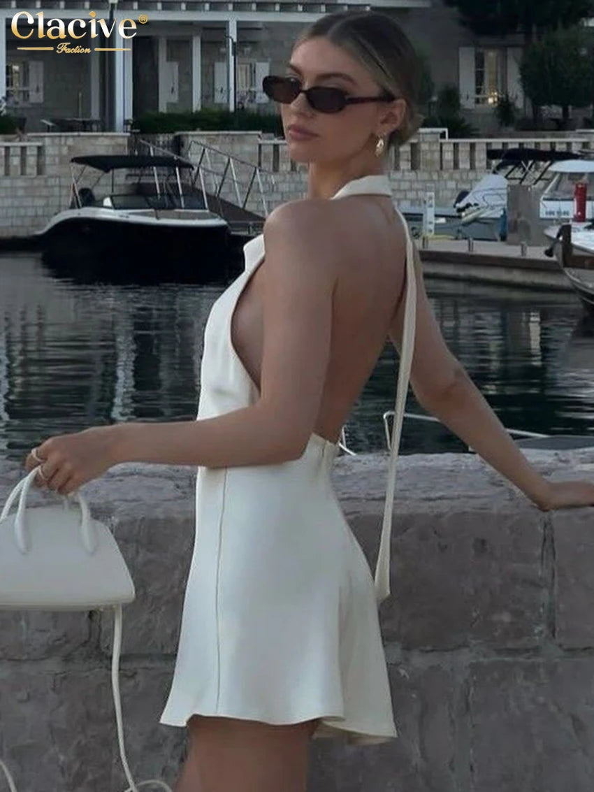 Clacive Summer Slim Beige Satin Women Dress Sexy Halter Sleeveless Mini Dresses Elegant Lace-Up High Waist Backless Female Dress