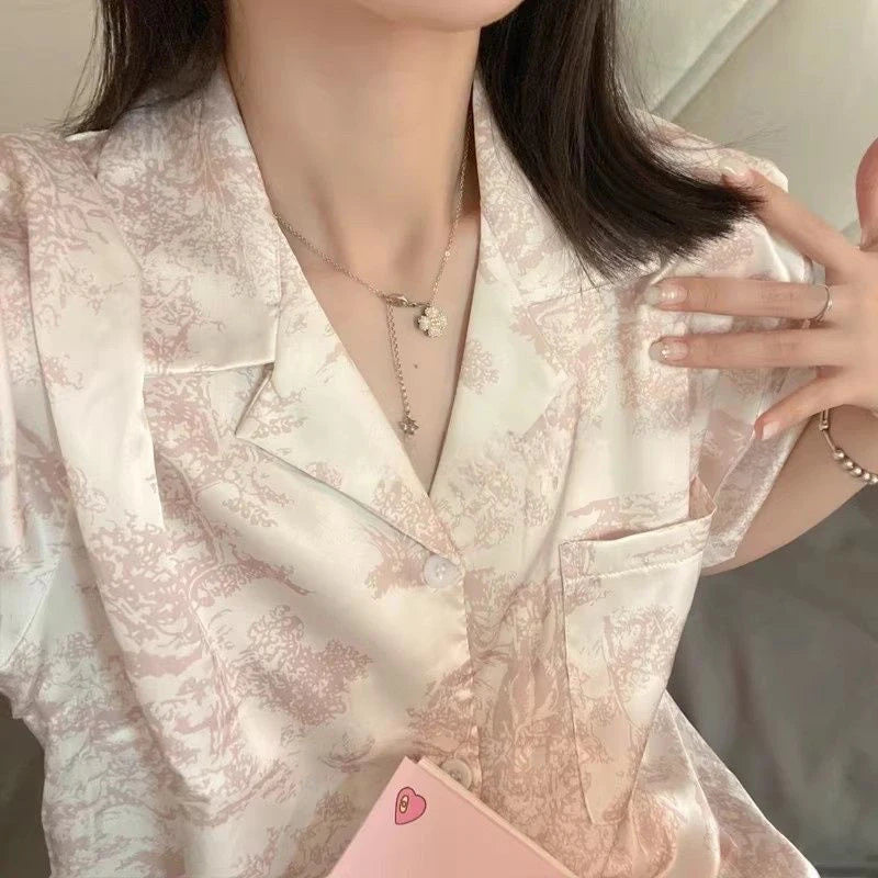 Women's 2pcs Cute Print Short Sleeve Button Top and Shorts Pink Sleepwear Soft Comfy Homewear Casual Loungewear Pajama Set
