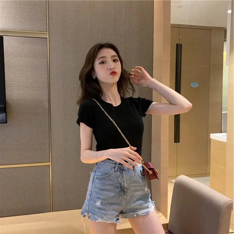 Fashionable Letter Embroidery Short Sleeve T-Shirt Women's Loose-Fit Summer New Style Slimming Base Layer Korean Version
