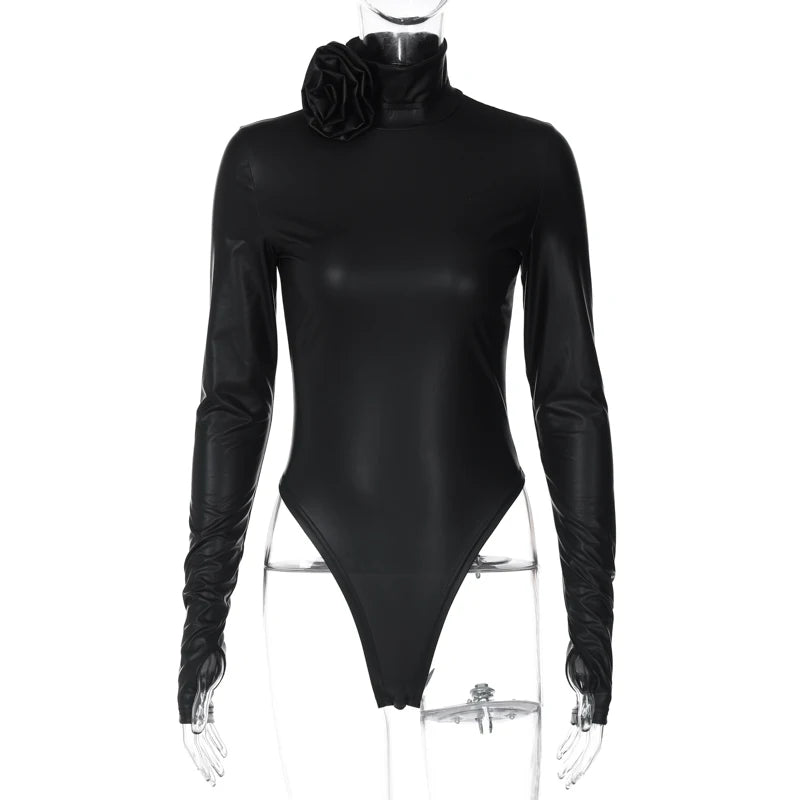 Hugcitar Fashion Pu Leather Black Turtleneck Tie Flower Long Sleeve Buttons Sexy Bodycon Bodysuit Women Party Overalls Romper