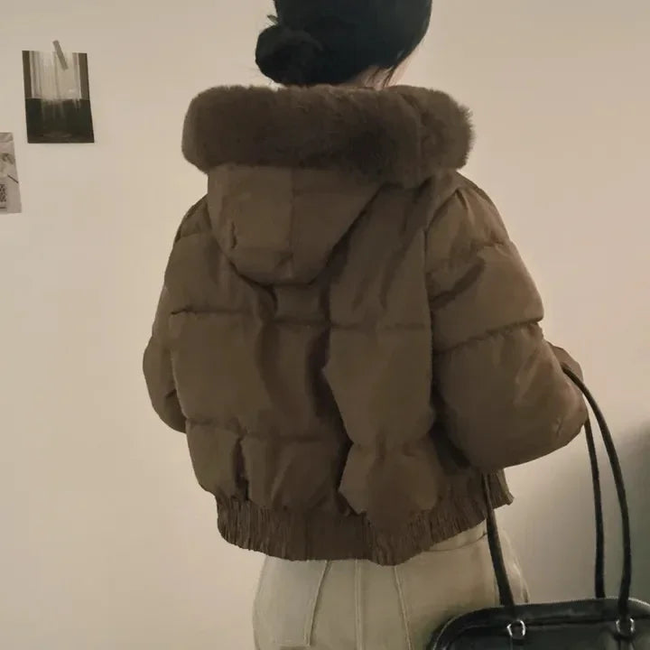 South korea Chic Autumn and Winter Fur Collar Hood Short down Coat Women Fashion Thick Warm Fleece-lined Cotton-padded jacket...