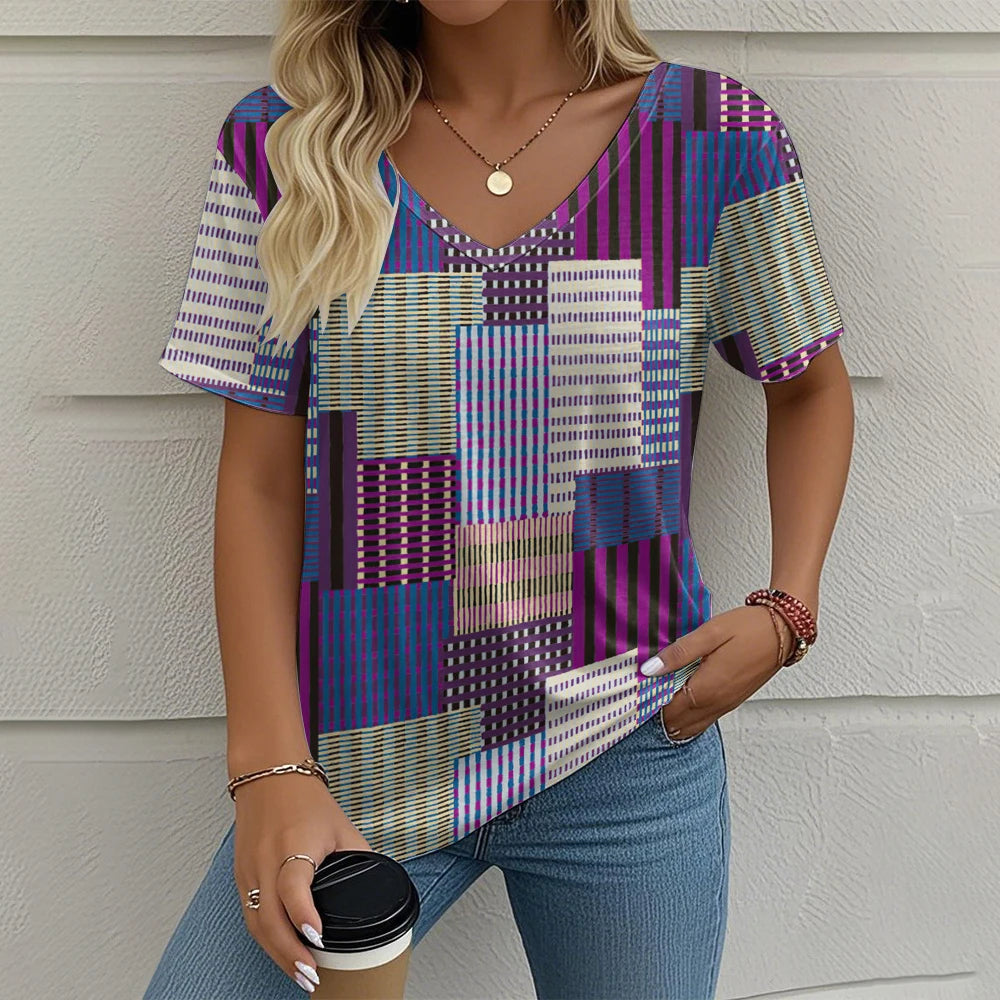 Summer Vintage Women's T-shirt Casual Plaid Pattern Printed Clothing Outdoor V-neck Short Sleeve Top Fashion Street T-Shirts