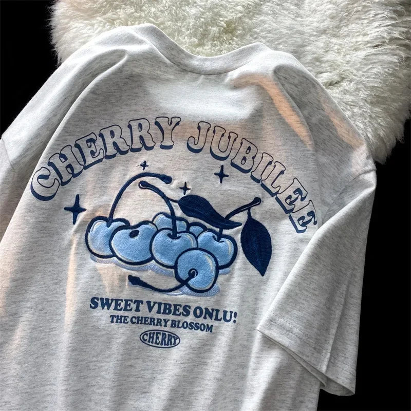 Women's Cartoon Cherry Print Loose Fit Short Sleeve T-Shirt Polyester Crew Neck Top Sweet Lazy Couple Shirt Trendy