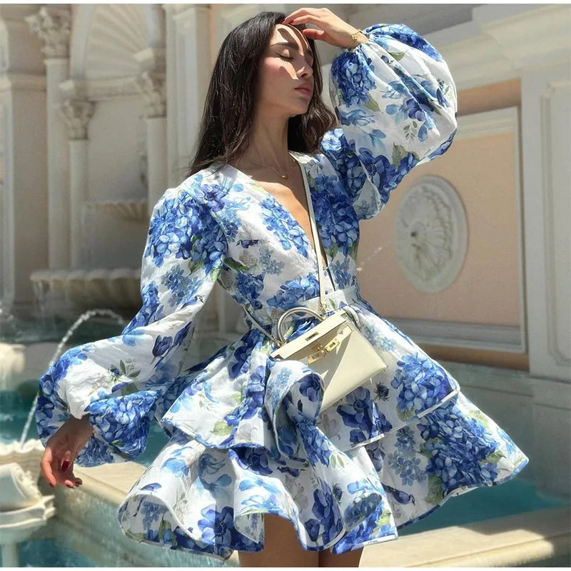 Printed Ruffled Hem Deep V-neck Puffy Dress Long Lantern Sleeve Elegant Vacation Party Short Dresses Colorful 2025 Spring Robe