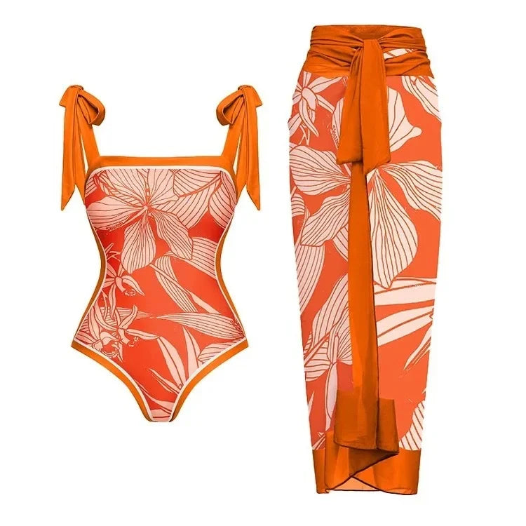 Retro One-Piece Swimsuit Set for Women with Chiffon Skirt Conservative Sexy Swimwear New 2025 Cross-Border AE Stock
