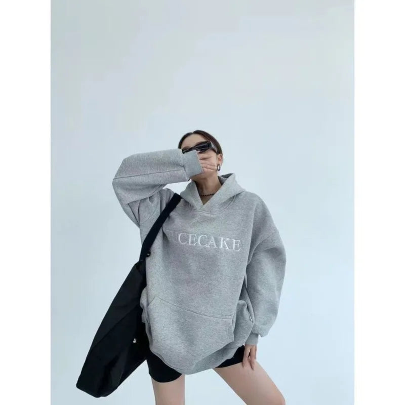 Hikigawa Chic Fashion Floral Embroidery Hoodies Women Coats Autumn Casual Loose All Match Hooded Pullover Outerwear Tops Mujer