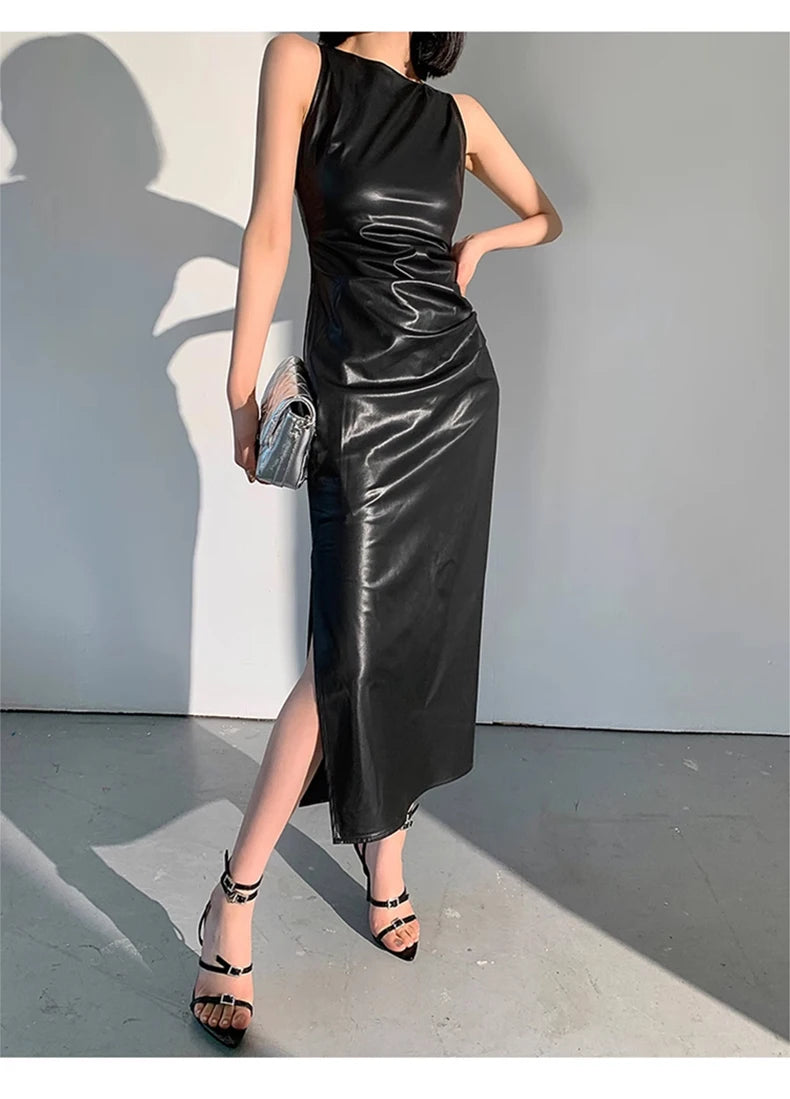 Lautaro Spring Autumn Sleeveless Backless Black Stretchy Blue Soft Faux Leather Midi Tank Dress Women Slim Fit Long Dresses 2023