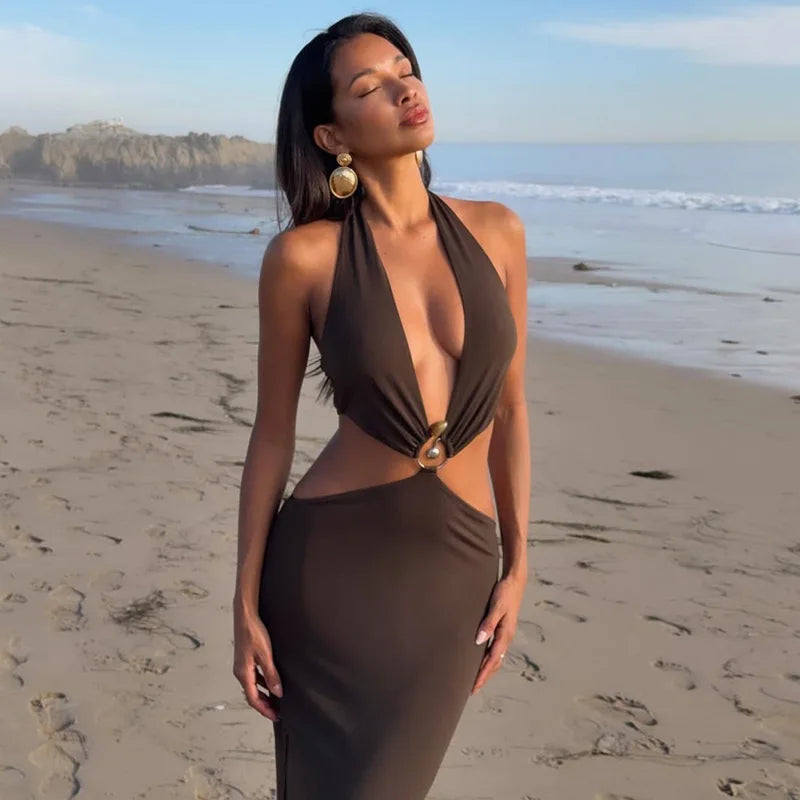 Hugcitar Women'S Fashion Halter Solid Hollow Out Backless Sexy Slit Maxi Dress 2025 Summer Clothes Beach Vacation Y2K Wholesale