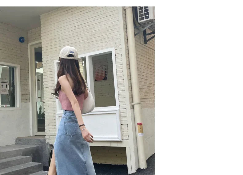 Mid-Length Denim Mini Skirt for Women High Waist Slimming Split Knee-Length Summer Trendy Cotton Half Body Skirts