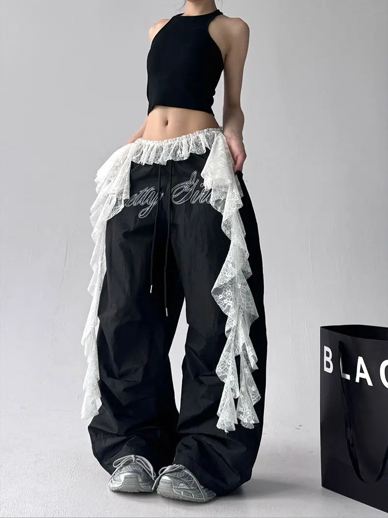 American retro black printed Spice Girls Street Dance Scimitar Pants Women's Loose Design Splicing Summer New Wide Leg Pants