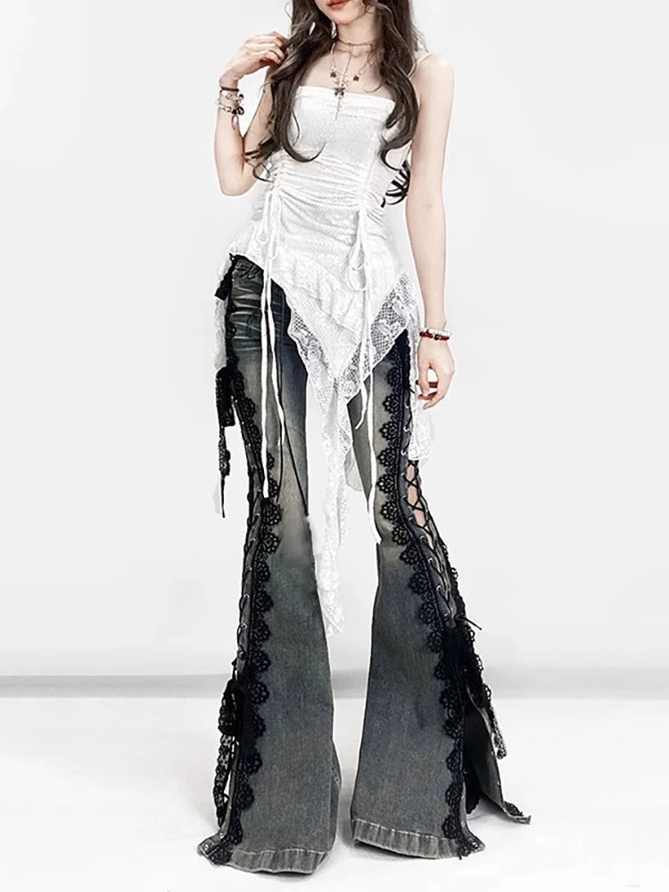 Sexy Punk Flared Jeans Long Trouser Women Lace Up Front Hollow Cut Out Bell Bottom Tied Up High Waist Streetwear Pants