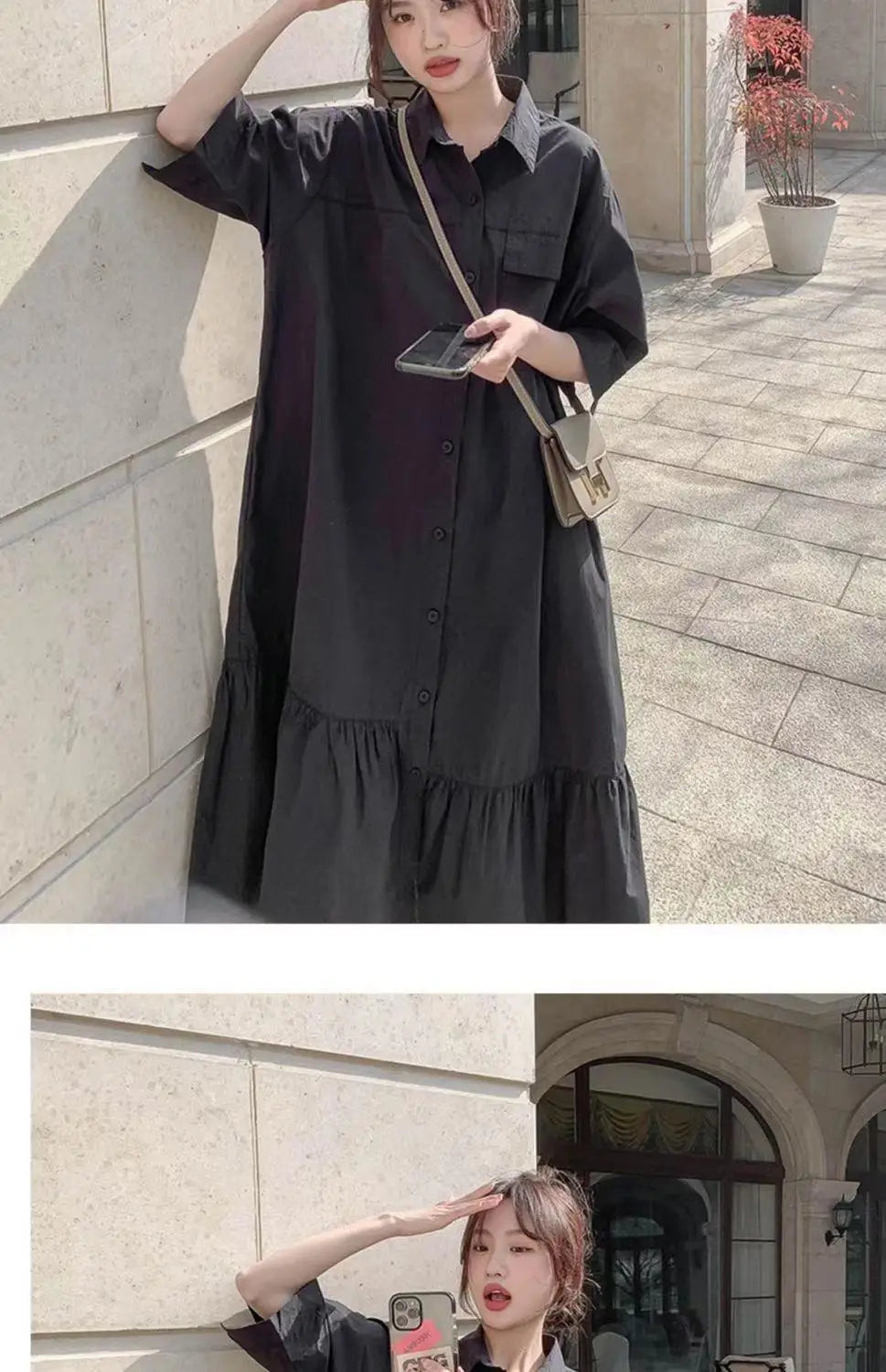 plus Size Khaki Shirt Dress Women Casual Summer Loose Fit High Waist A-Line Skirt Long Sleeve Polo Collar Polyester Fiber