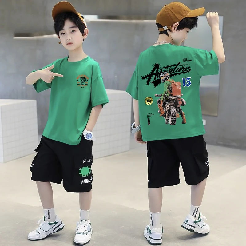Korean Children's Clothes 2025 Boys Motorcycle Graphic T-Shirt Summer Short Sleeve 100% Cotton Loose Children Top Kids Clothes