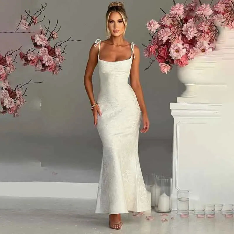 NIDANSSI White Jacquard Pleated Evening Party Dress Women Robes Backless Elegant Sexy Dress Bodycon Long Summer Dress Vestidos