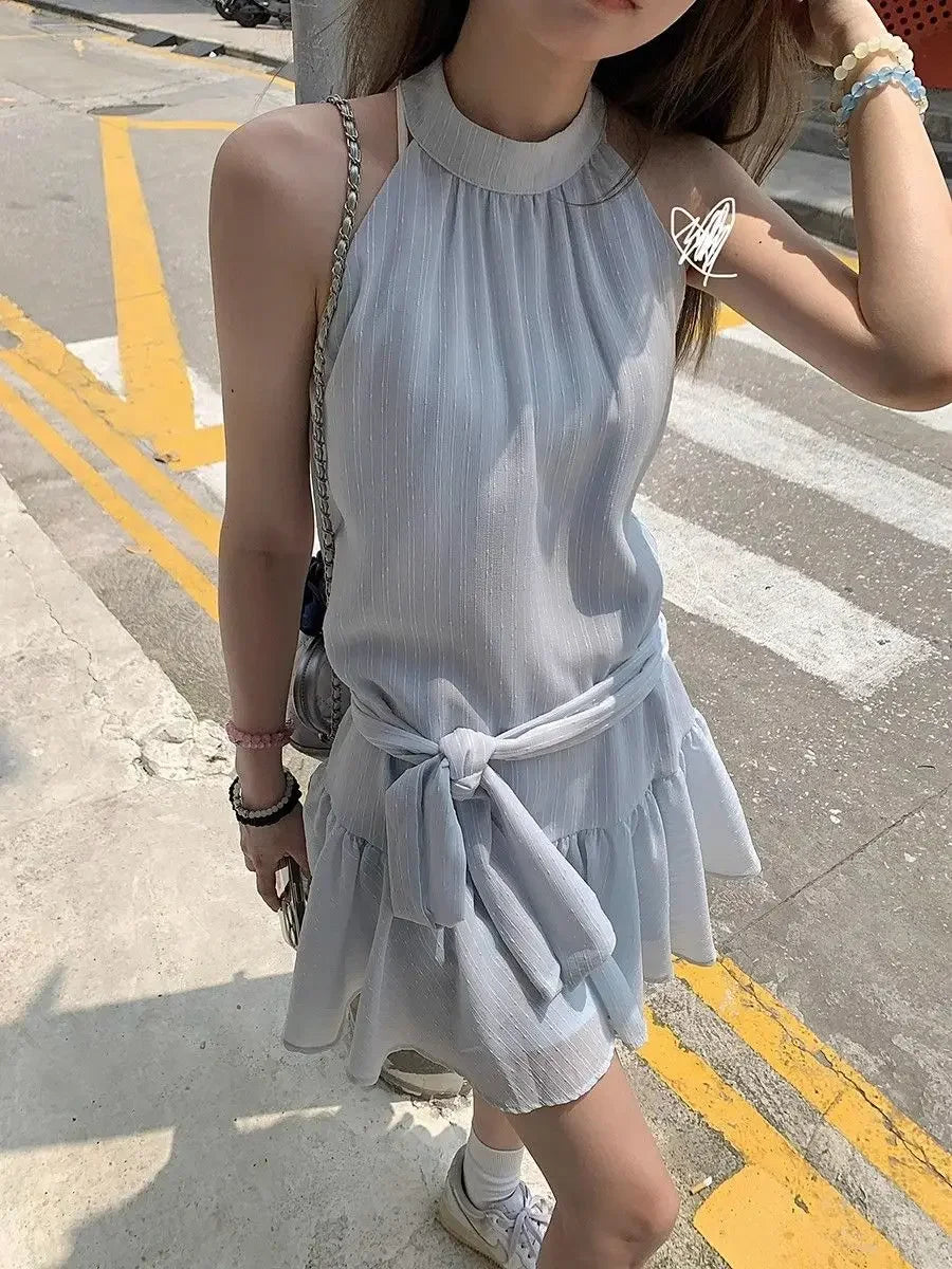 French Style Off-Shoulder Blue Summer Dress Women's Fashion Knot Waist A- Line Mini Skirt Black Short Skirt Sleeveless Gown