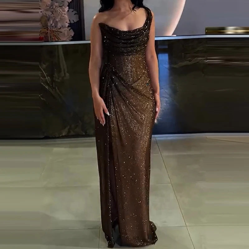 Casual Club Party Sequin Long Dress Fashion Asymmetric Slim Off Shoulder Dress Ladies Sexy Sleeveless Hollow Out Cocktail Dress