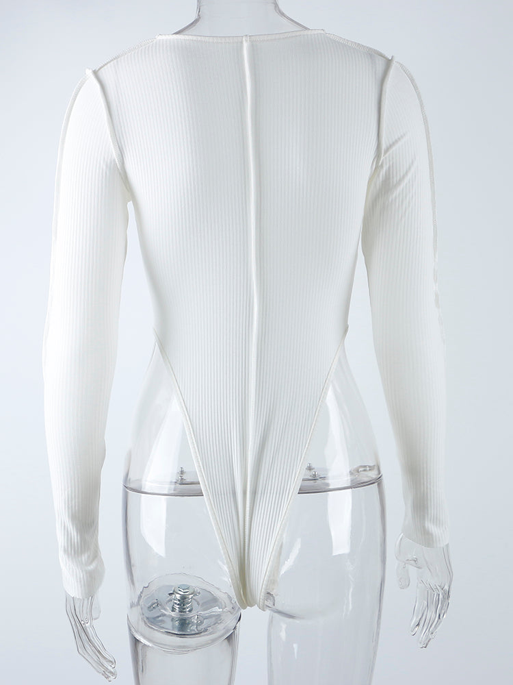 2023 Ribbed Knitted Long Sleeve Tie Up Sexy Bodysuit Bandage Patchwork Bodycon Club Party Body Women Outfit High Waist Top