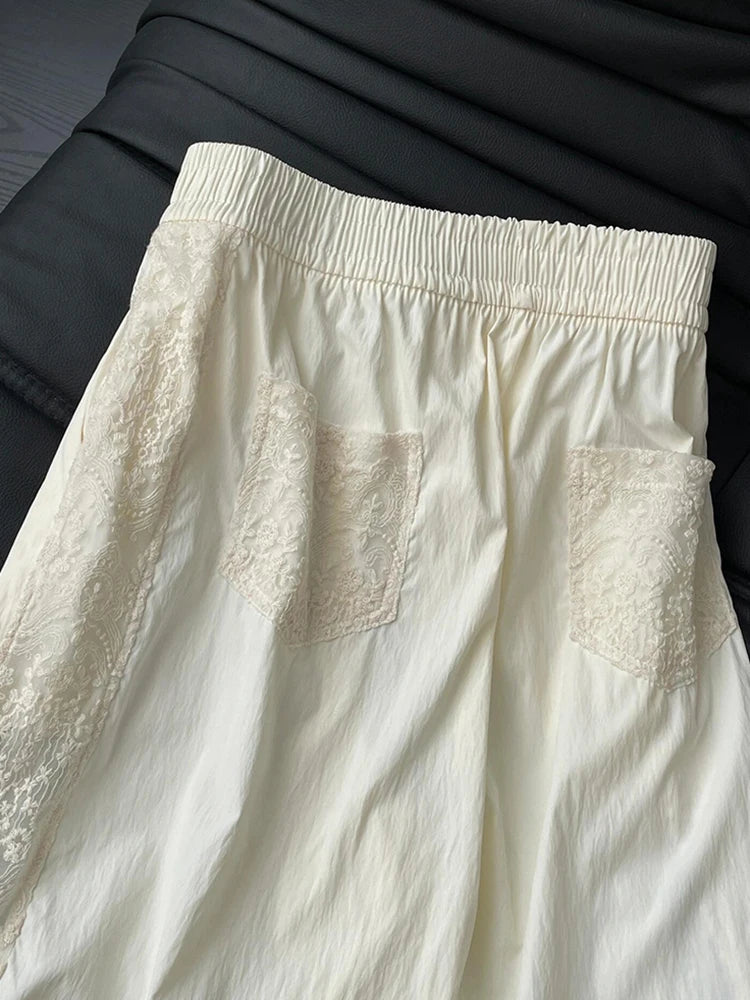 Zoki Lace Patchwork Sweet Pants Women Casual Korean High Waist Fashion Straight Trousers Loose Chic Female Summer Design Pants