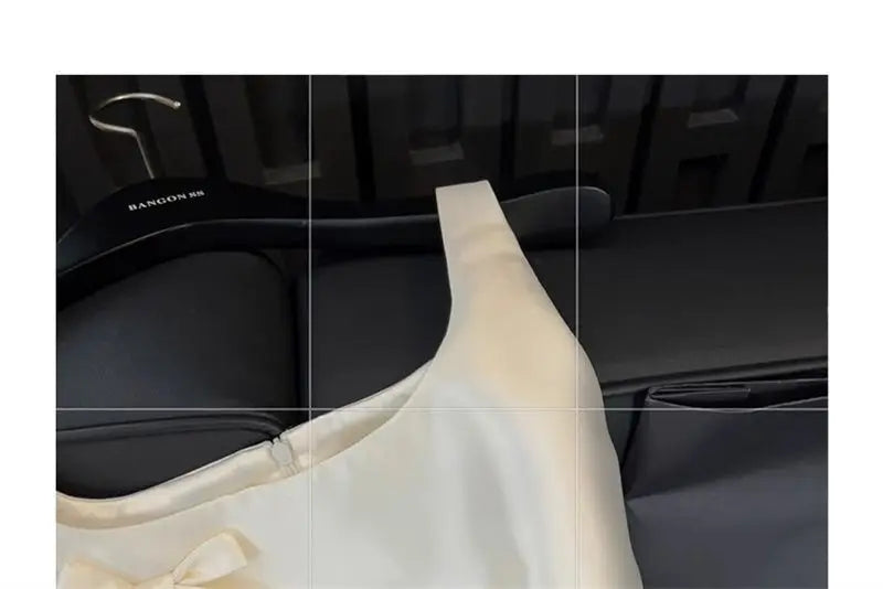 Women Elegant Mini Dress Satin Bow Decor Sleeveless Square Neck Slim Fit Suit French Style Party Club Night Summer Outfit