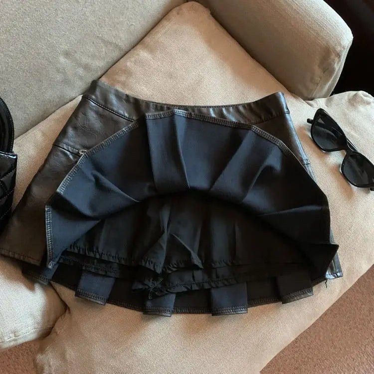 American PU Leather Pleated Skirt Women Slim High-waisted Design Mini Skirt Red Black