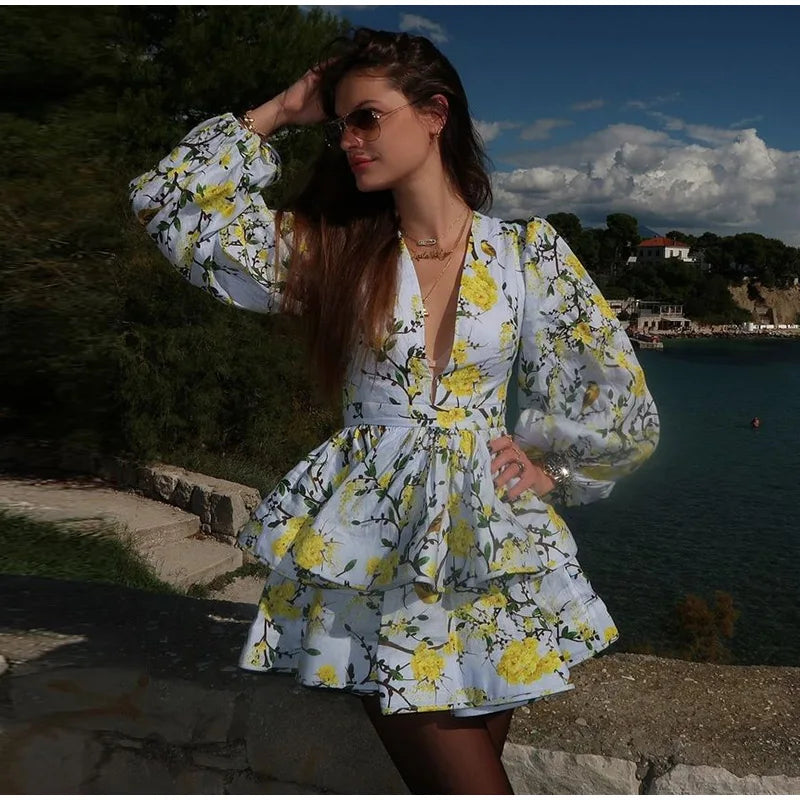Printed Ruffled Hem Deep V-neck Puffy Dress Long Lantern Sleeve Elegant Vacation Party Short Dresses Colorful 2025 Spring Robe