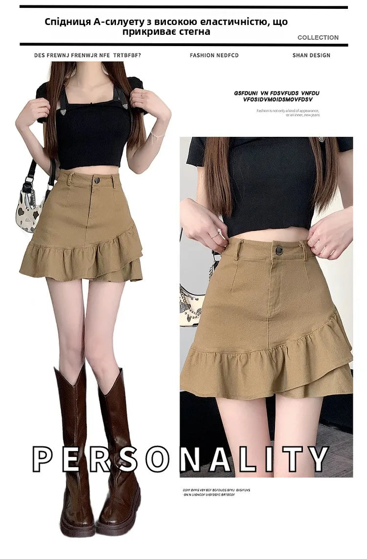 High Waist A-Line  Skirt Women's Spring Summer Denim f-length Skirts with Lace Hemline Cotton Polyester Blend