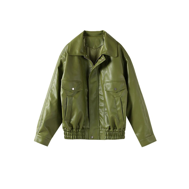 Fashion Green PU Leather Jacket Women Laple Zipper Loose Full Sleeve Single Breasted Cropped Coat 2024 New Lady Solid Streetwear