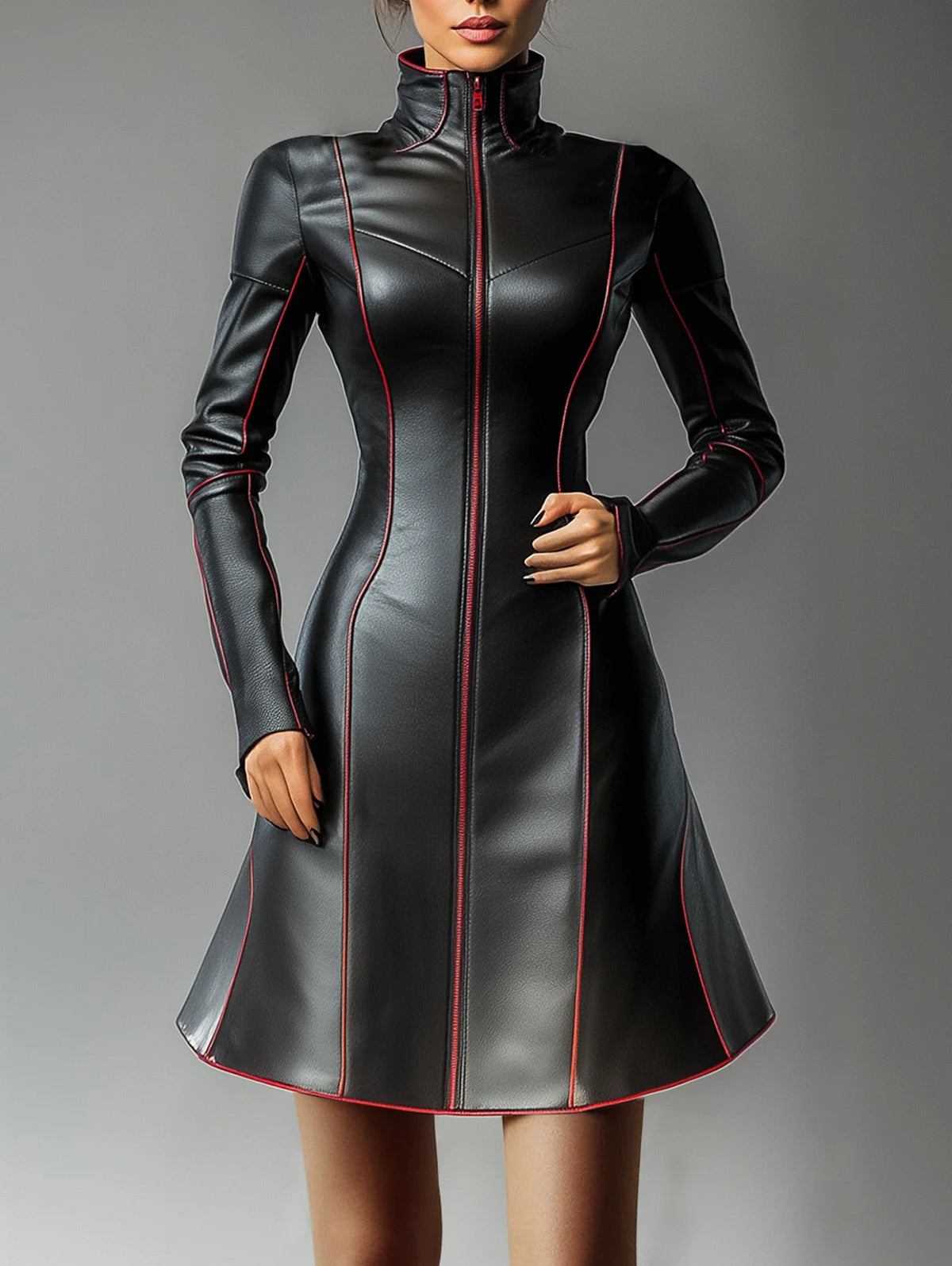 PU Leather Dresses for Women High Neck Zipper Contrast Binding  Mini Dress Women Long Sleeve Elegant A-Line Dress Streetwear Top