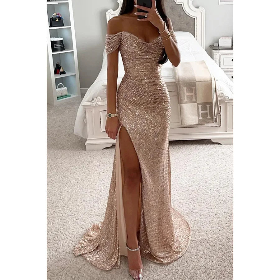 Sexy Side Slit Ballgown Shiny Sequins Women's Dress Independent Station Polyester Borderless Flashing Lightweight Fashion