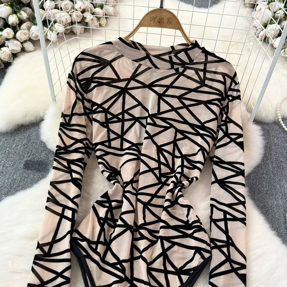 Foamlina Sexy Hollow Out Mesh Bodysuits for Women Fashion Striped Print Stand Collar Long Sleeve Slim Fit Club Party Jumpsuits