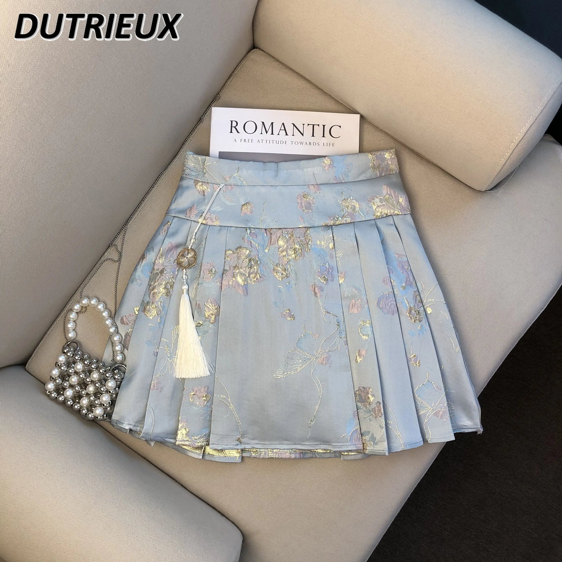 Summer New Chinese Style Satin Jacquard Horse-Face Pleated Mini Skirts Sweet Cute Girl High Waist Short Skirt for Women