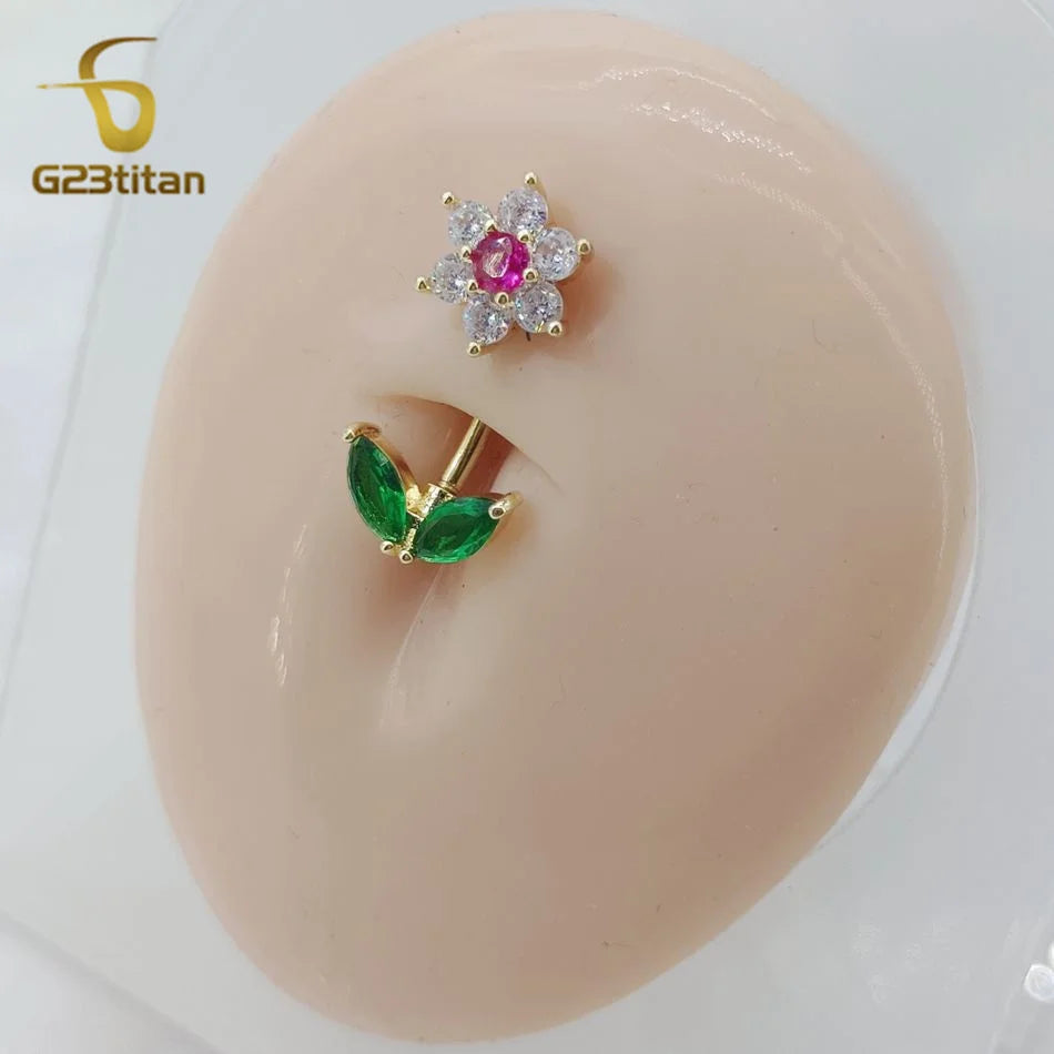 G23titan 14G Zircon Flower Barbell Belly Button Ring Women Body Sexy Navel Piercing Anti Allergic Jewelry Accessories Ombligo