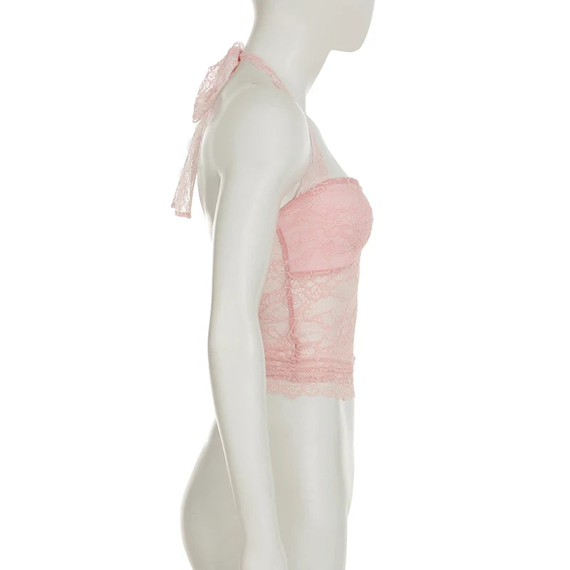 Cuteandpsycho Sexy Lace Patchwork Y2K Camisoles Backless Transparent Slim Outfits Party 90s Vintage Clubwear Halter Neck Tops