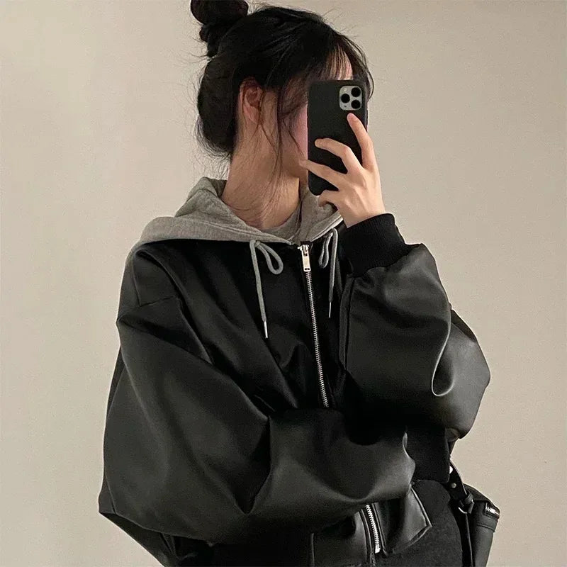 Fashion Hooded Loose Leather Jackets Women Fashion Faux Leather Coats Spring Autumn Korean PU Jackets