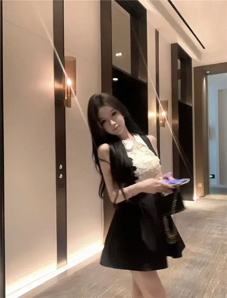 French Style Lace Doll Collar Vest Dress Women Summer Mini Skirt Waist Cinching Sleeveless Black Dress Polo Neckline Polyester F