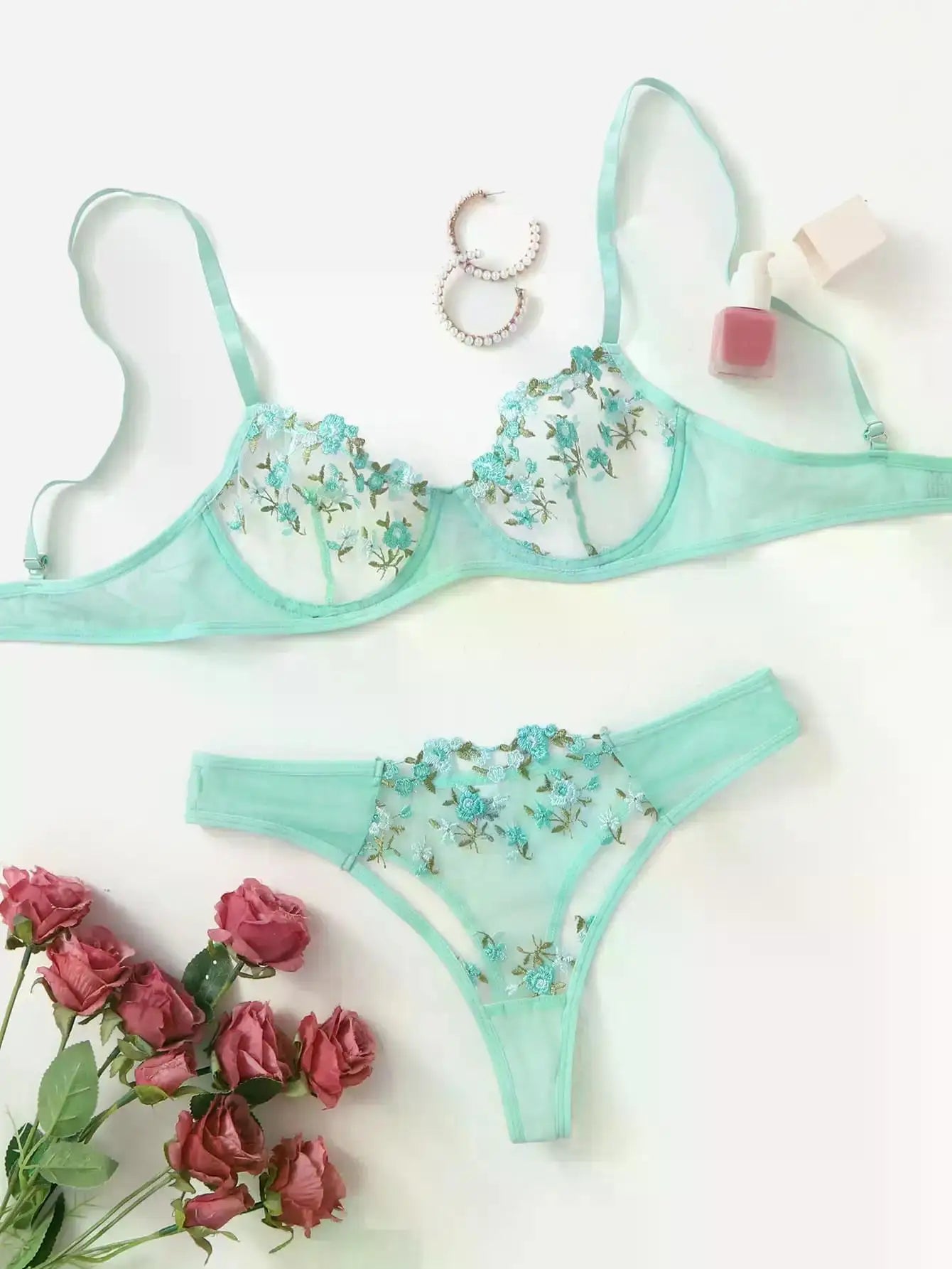 Transperant Lingerie Set Women Mesh Net Sexi Lenceria Sensual Mujer Bra Sets Embroidery Floral Underwired